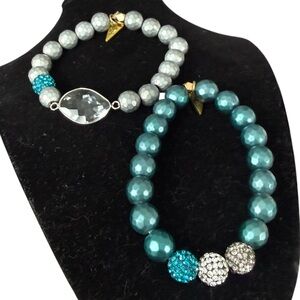 Lot 2 Erimish stretchy Elegant Teal blue rhinestone Silver Beaded Bracelet